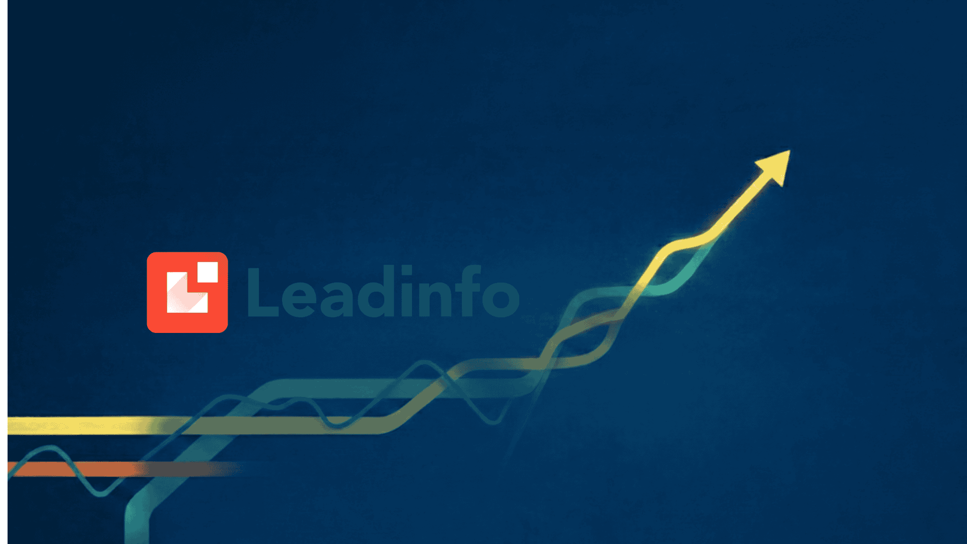 Een brede blauwe banner met een abstracte achtergrond van stijgende grafieklijnen en een grote gele pijl die omhoog wijst. Links staat het logo van Leadinfo.